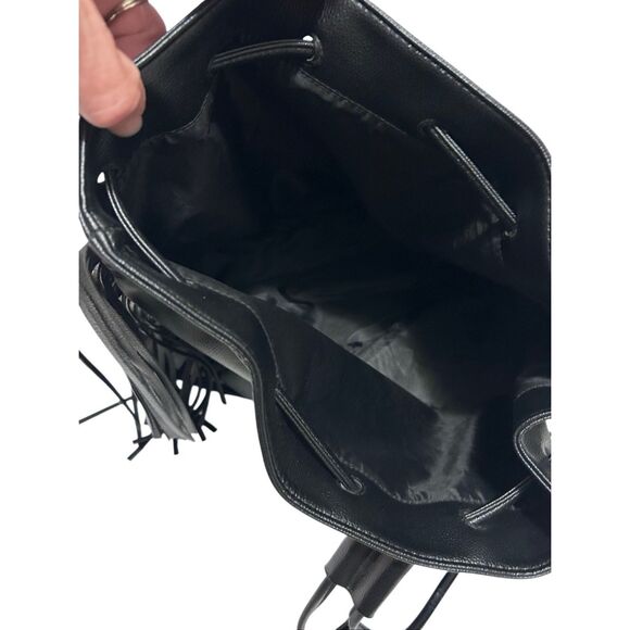 Victoria’s Secret Black Drawstring Fringed Backback Tote Faux Leather NWOT - Picture 8 of 11